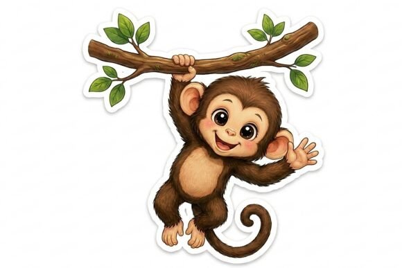Download Monkey Hanging from Branch Waving Sticke - Waving Collection