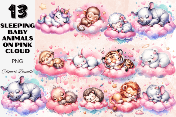 Download Sleeping Baby Animals on Pink Clouds Set - Clouds Collection